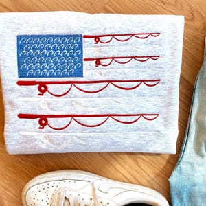 Embroidered Fishing American Flag Crewneck Sweatshirt, Patriotic Outdoor Apparel
