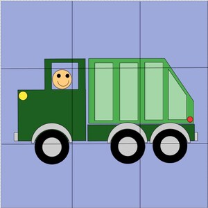 Pu&ograve; includere: Un camion della spazzatura verde dei cartoni animati con una faccia sorridente nel sedile del conducente. Il camion ha grandi ruote nere, un faro giallo e un fanale posteriore rosso. Lo sfondo &egrave; azzurro.