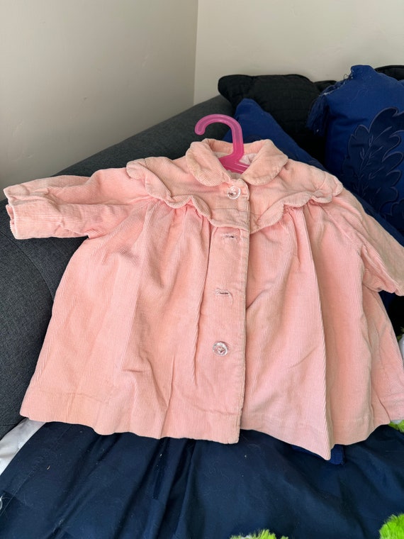 1956 Pink Baby Girl Corduroy Coat, Lined, Ruffled 