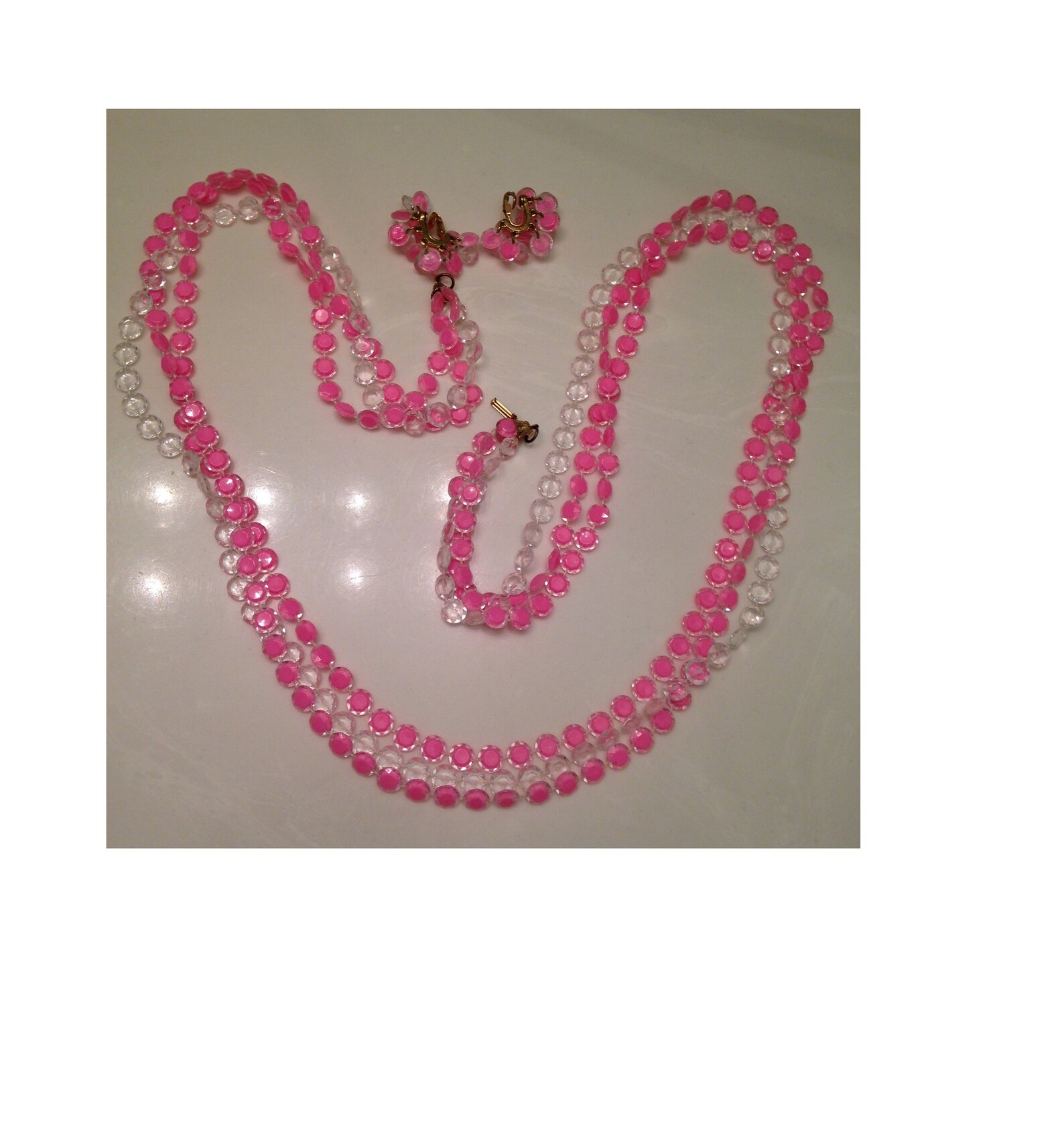 Bright Pink Long Pink Necklace Set3 Strand1960's48 Etsy