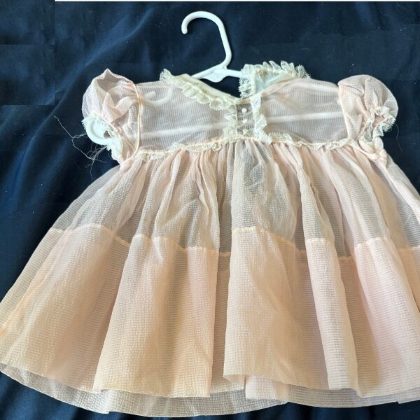 1956 Baby Sheer Pink Dress,embossed fabric,lace trimmed,Mid Century Baby Clothes,Very Good Condition, 3-9 months, Girl, Doll Clothes,Vintage