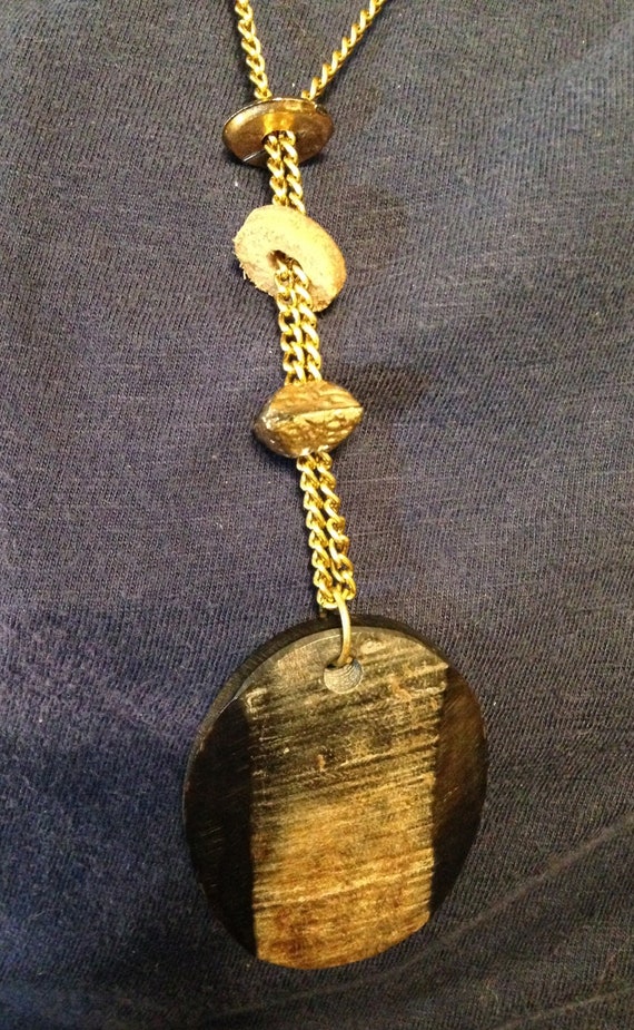 Long Vintage Wooden Pendant on Chain, Black & Brow