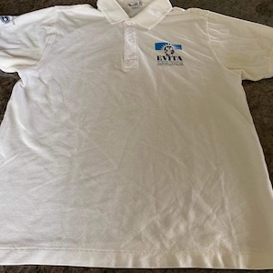 Evita Canadian Tour 1985,Vintage,Men’s White Collar Crew Tee,Large,Broadway Musical,Tony Award, stage hand gear, Seduces Vancouver, REDUCED