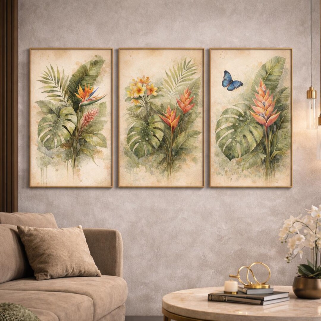 Tropical Botanical Wall Art Set of 3, Luxury Watercolor Botanical ...