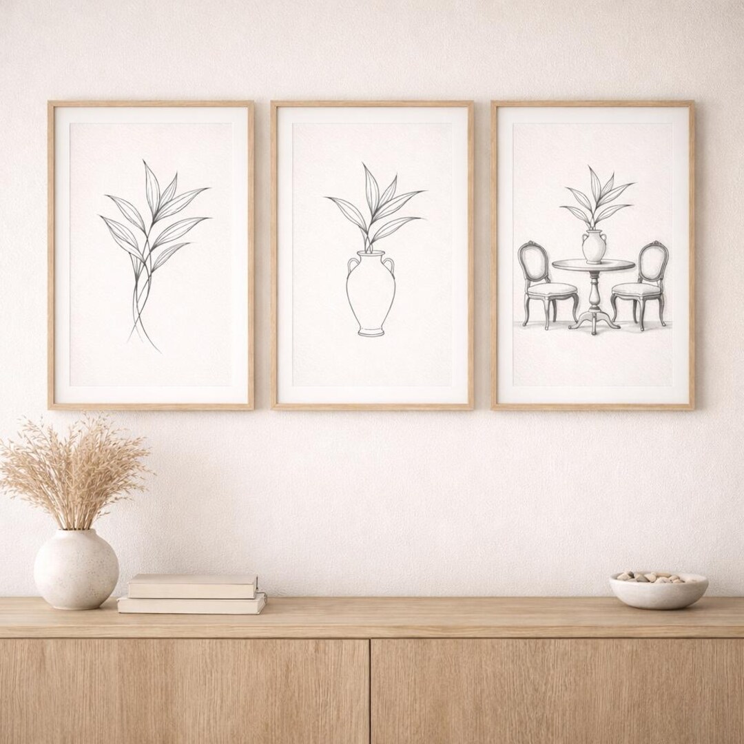 Minimal Tropical Botanical Line Art Set of 3 | Vintage Plant Wall Art ...