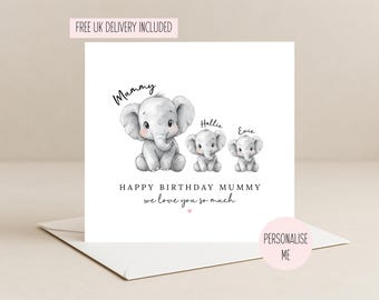 Personalised Mummy Birthday Card With Little Elephants | Customise Up To 3 Children’s Names