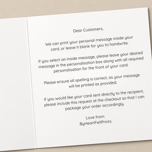 May include: An open greeting card with text. The text reads: "Dear Customers, We can print your personal message inside your card, or leave it blank for you to handwrite." Additional instructions are provided.