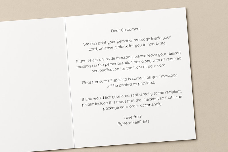 May include: An open greeting card with text. The text reads: "Dear Customers, We can print your personal message inside your card, or leave it blank for you to handwrite." Additional instructions are provided.