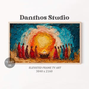 Puede incluir: Una pintura al óleo que representa una escena religiosa con figuras con túnicas rojas, marrones y azules que rodean una figura central. La obra de arte tiene un estilo texturizado, impasto con una paleta de colores cálidos y vibrantes. El texto "Danthos Studio" está en la parte superior.