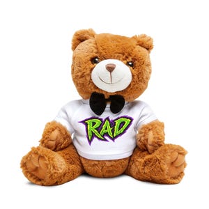 Può includere: Un orsacchiotto marrone con una maglietta bianca con la scritta "RAD" in verde e viola. L'orso ha un papillon nero ed è seduto con le braccia e le gambe divaricate. L'orso ha un viso bianco e un naso marrone.