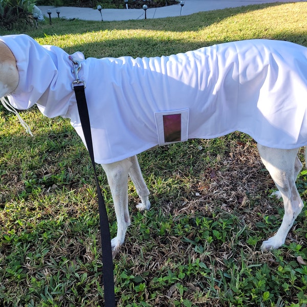 Greyhound Raincoat, Rain Jacket: White PUL w/ 13 inch Hoodie, Drawstring elastic & 6 High Visibility Reflective Patches. Ready To Ship!