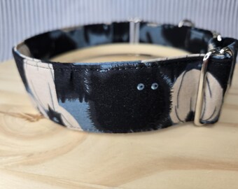 Greyhound Collar, Martingale Collar. 1.5" Wide. Adjusts from 13" - 19". 100% Cotton Halloween Cat and Pumpkin Print.