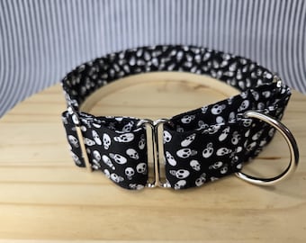 Greyhound Collar, Martingale Dog Collar. 1.5" Wide. Adjusts from 13" - 19". 100% Cotton Halloween Skulls on Black