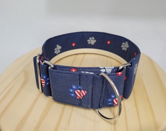 Martingale Collar, Greyhound Collar, Martingale Dog collar. 2" Wide, Adjusts from 12" - 19". Patriotic Paw Prints, 4th of July. 100% Cotton.