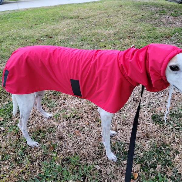 Greyhound Raincoat, Rain Jacket: Red PUL w/ 13 inch Hoodie, Drawstring elastic & 6 High Visibility Reflective Patches. Ready To Ship!