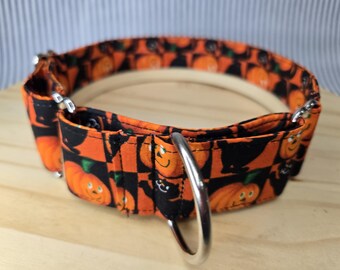 Greyhound Collar, Martingale Dog Collar. 1.5" Wide. Adjusts from 13" - 19". 100% Cotton Halloween Print with Happy Cats and Jack-o-lanterns