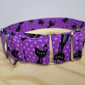 Greyhound Collar, Martingale Dog Collar. 1.5&quot; Wide. Adjusts from 13&quot; - 19&quot;. 100% Cotton Purple Halloween Black Cat Print.
