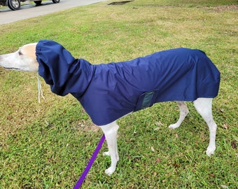 Greyhound Raincoat, Rain Jacket: Navy PUL w/ 13 inch Hoodie, Drawstring elastic & 6 High Visibility Reflective Patches. Ready To Ship!