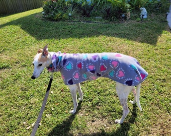 Greyhound Coat: Grey Fleece with Pink, Blue, and Purple Hearts. Size Large. Ready To Ship!