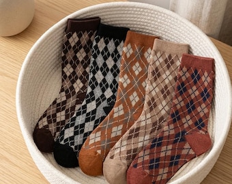 Calcetines Argyle Crew para mujer / Algodón de doble punto hasta la pantorrilla / Suaves y cómodos para otoño e invierno / Clásico estampado de rombos / Regalo para ella