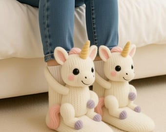 Pantuflas de punto con forma de animal, calcetines gruesos y cálidos para el suelo en invierno, calzado acogedor para interior, regalo hecho a mano para ella.