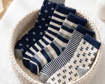 Calcetines de algodón a rayas para hombre / Ligeros, transpirables, de media pantorrilla, estilo retro para uso diario