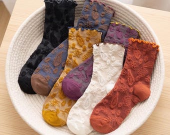 Calcetines holgados de media caña con ribete de encaje para mujer / Estilo étnico / Parte superior suelta de punto de algodón / Estilo retro casual primavera otoño / Regalo para ella