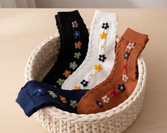 Calcetines florales vintage para mujer / Calcetines retro de media pantorrilla con flores pequeñas / Estilo holgado y suave / Uso diario para todas las estaciones