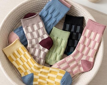 Calcetines de cuadros vintage para mujer / De algodón hasta la pantorrilla / Estilo inspirado en palacios / Ligeros, estilo retro para el día a día / Regalo para ella