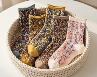 Medias de algodón con estampado floral vintage, puños enrollados hasta la pantorrilla, estilo étnico, ropa informal, transpirables, regalo para ella.