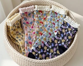 Calcetines étnicos vintage para mujer, con ribete de encaje, para usar en casa en primavera y otoño, estilo retro informal, regalo para ella.