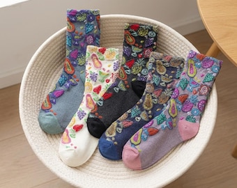 Calcetines de media caña con estampado floral en relieve para mujer / Estilo étnico / Detalle de estampado frutal / Estilo retro informal para todas las estaciones / Regalo para ella