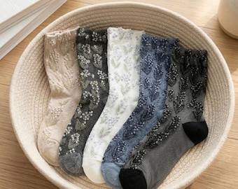 Calcetines de media caña con estampado de espigas en relieve para mujer / Estilo étnico vintage / Tejido de algodón para todas las estaciones / Estilo retro casual / Regalo para ella