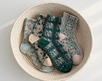 Calcetines florales vintage para mujer / Calcetines de punto a media pantorrilla para primavera y verano / Suaves y transpirables para uso diario / Regalo para ella