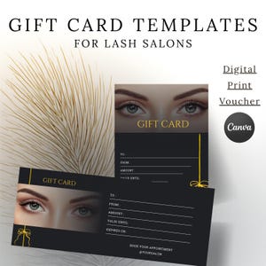 May include: Black gift card templates for lash salons with the text "GIFT CARD" and "GIFT CARD TEMPLATES FOR LASH SALONS". The cards feature an image of a woman's eyes and are designed for digital print vouchers. The Canva logo is also visible.