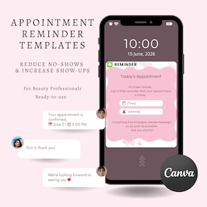 Appointment Reminder Templates, Pink Templates, Editable Canva, client messages, Instagram DM, email, WhatsApp, SMS, beauty businesses