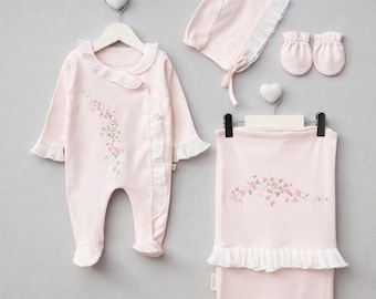 Baby Girl Pink Floral Romper, Bonnet, Mittens, Blanket Set (Newborn)