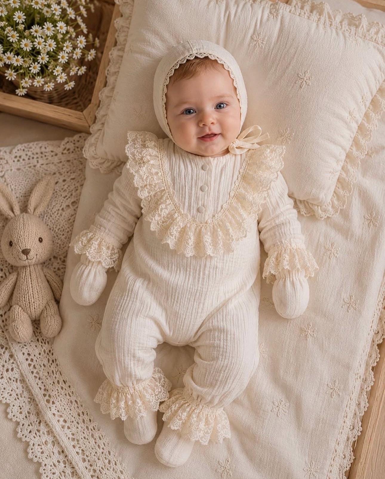Ivory Muslin Baby Girl Romper Set, Organic Cotton Lace Coming Home Outfit