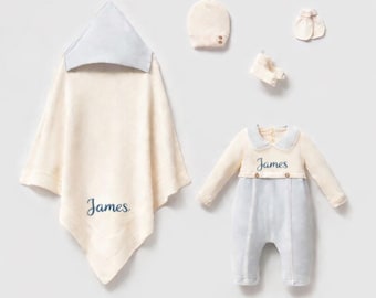 Personalized Baby Boy Coming Home Outfit, 5 Piece Newborn Gift Set with Blanket, Hat & Booties