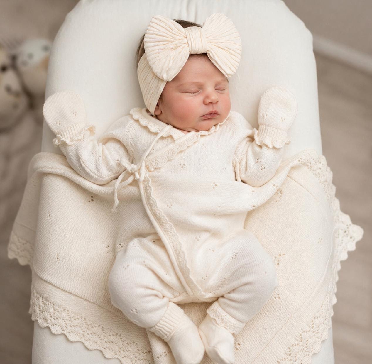 Organic Cotton Knit Baby Girl Coming Home Outfit, Headband, Lace Details