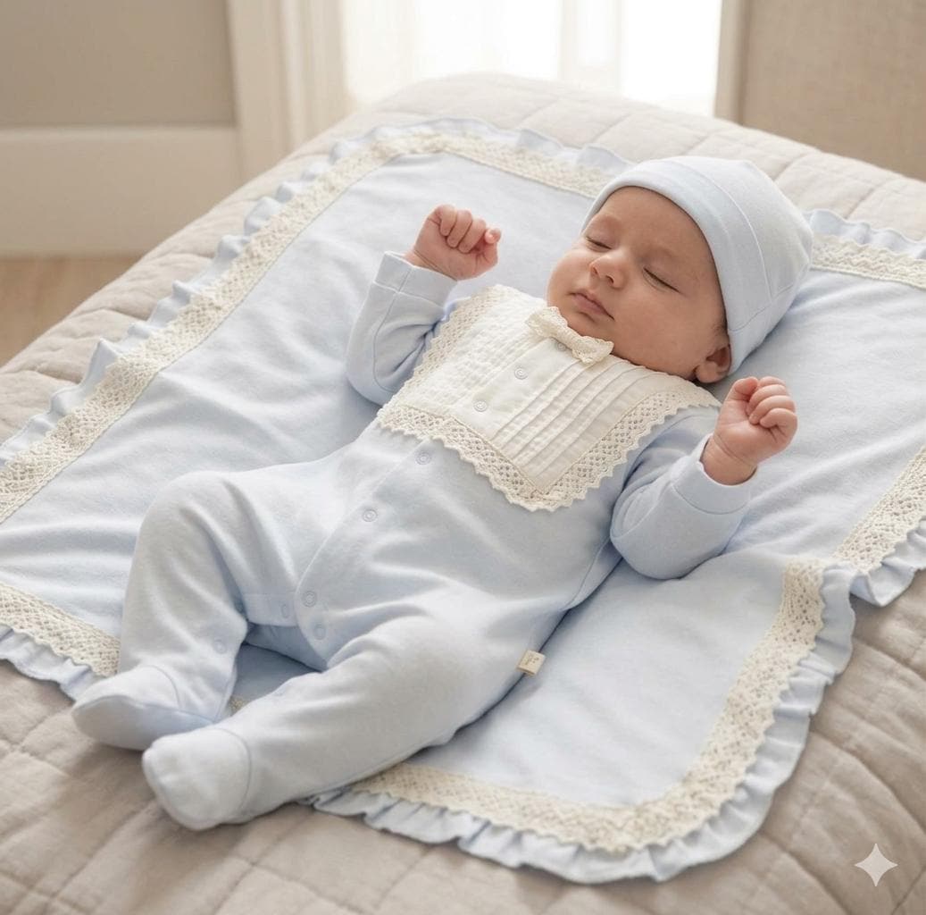 Baby Boy Cotton Romper Hat Blanket Set, Elegant Lace Trim Homecoming Outfit