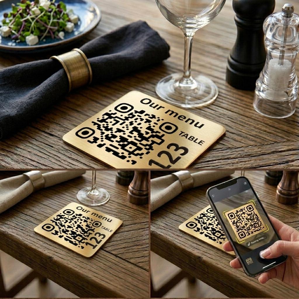 Custom Laser Engraved QR Code Table Signs – Metallic Gold/silver ...