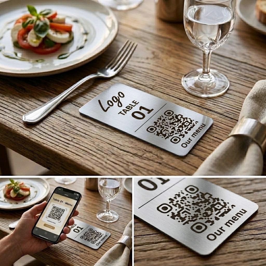 Custom QR Code Table Signs – Laser Engraved Metallic Acrylic Menu ...