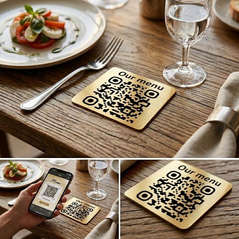Custom Laser Engraved QR Code Table Signs – Metallic Acrylic Menu ...