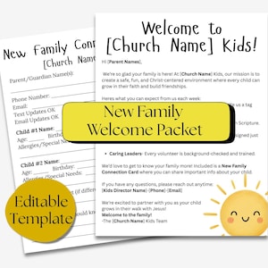 May include: A New Family Welcome Packet template with a yellow banner and the text "New Family Welcome Packet". The packet includes a form for family information and a welcome message for kids.
