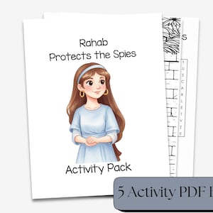 May include: A stack of activity sheets featuring a cartoon illustration of a woman with long brown hair and a blue dress. The text "Rahab Protects the Spies" and "Activity Pack" are visible. A banner reads "5 Activity PDF Bundle".