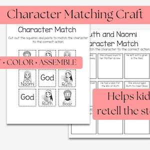 May include: Black and white printable character matching craft for kids. The text on the image says "Character Matching Craft", "Character Match", "Cut, Color, Assemble", and "Helps kids retell the story".