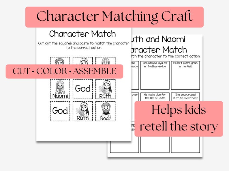 May include: Black and white printable character matching craft for kids. The text on the image says "Character Matching Craft", "Character Match", "Cut, Color, Assemble", and "Helps kids retell the story".
