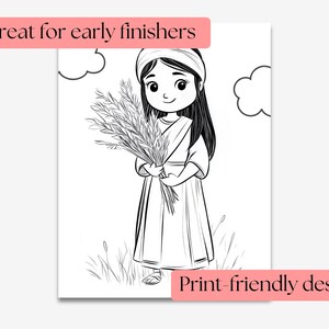 May include: Black and white line art illustration of a girl holding a bundle of wheat. The image includes the text "Great for early finishers" and "Print-friendly design". The girl is wearing a head wrap and a long dress.