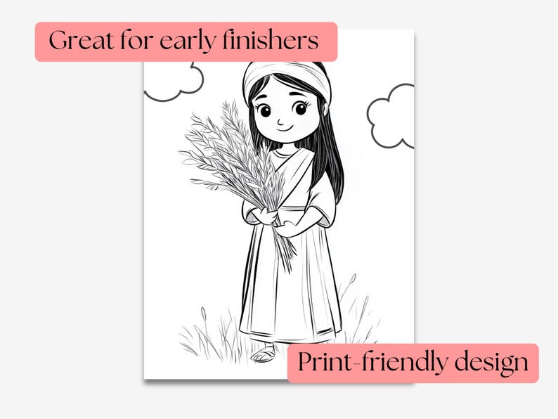 May include: Black and white line art illustration of a girl holding a bundle of wheat. The image includes the text "Great for early finishers" and "Print-friendly design". The girl is wearing a head wrap and a long dress.